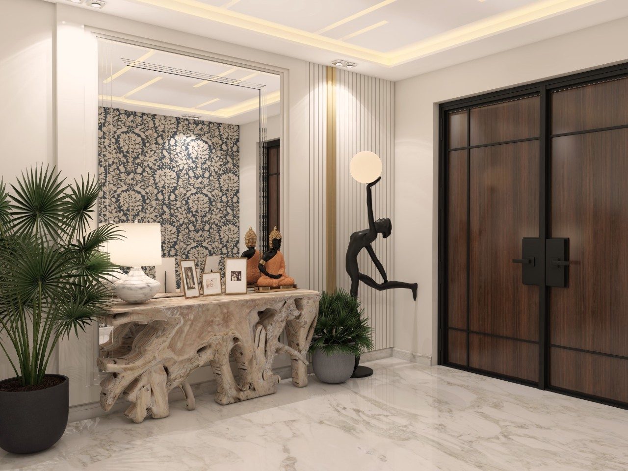 Modern contemporary foyer with designer console and white teak floor lamp - Beautiful Homes