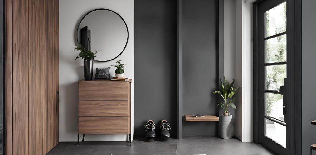 Modern dark grey and wood foyer with shoe cabinet - Beautiful Homes