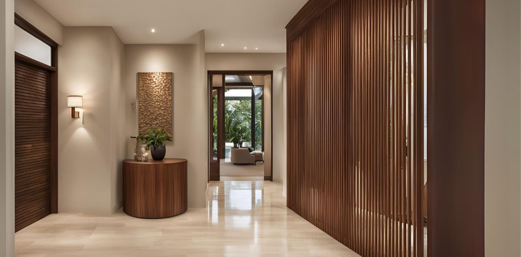 Modern foyer design with wooden partition - Beautiful Homes