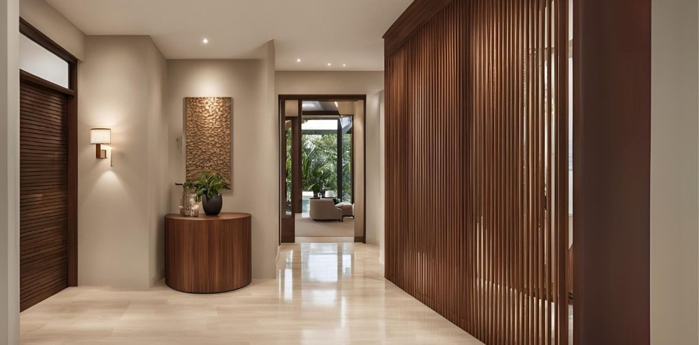 Modern foyer design with wooden partition - Beautiful Homes