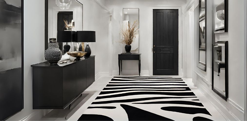 Modern foyer with black and white carpet-Beautiful Homes