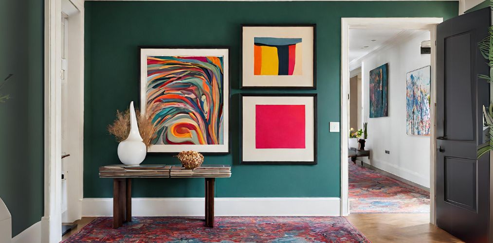 Modern foyer with colourful framed artwork and rug - Beautiful Homes