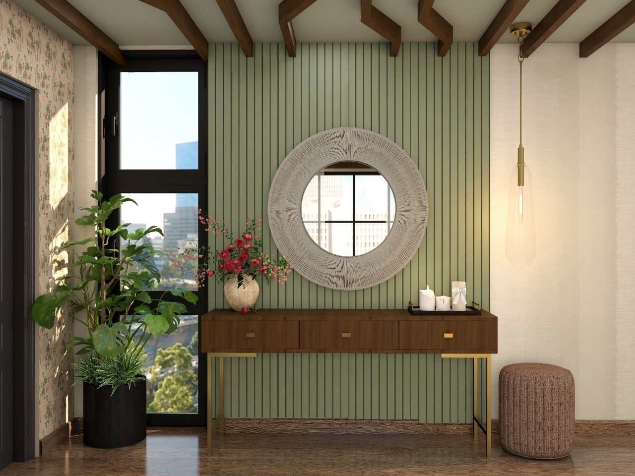 Modern foyer with round mirror and wooden console - Beautiful Homes