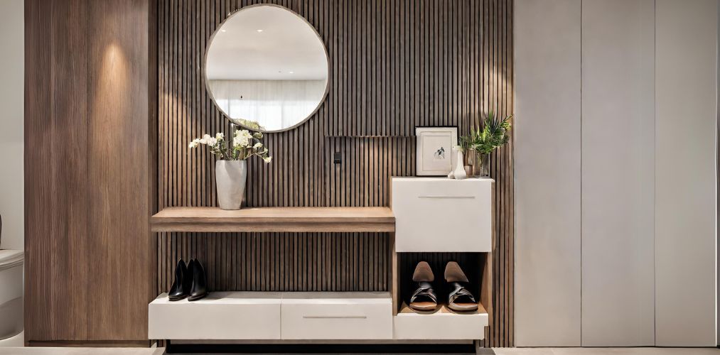 Modern foyer with shoe cabinet and fluted wall panels-Beautiful Homes