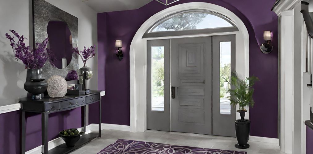 Modern grey and purple foyer design with arched door frame-Beautiful Homes