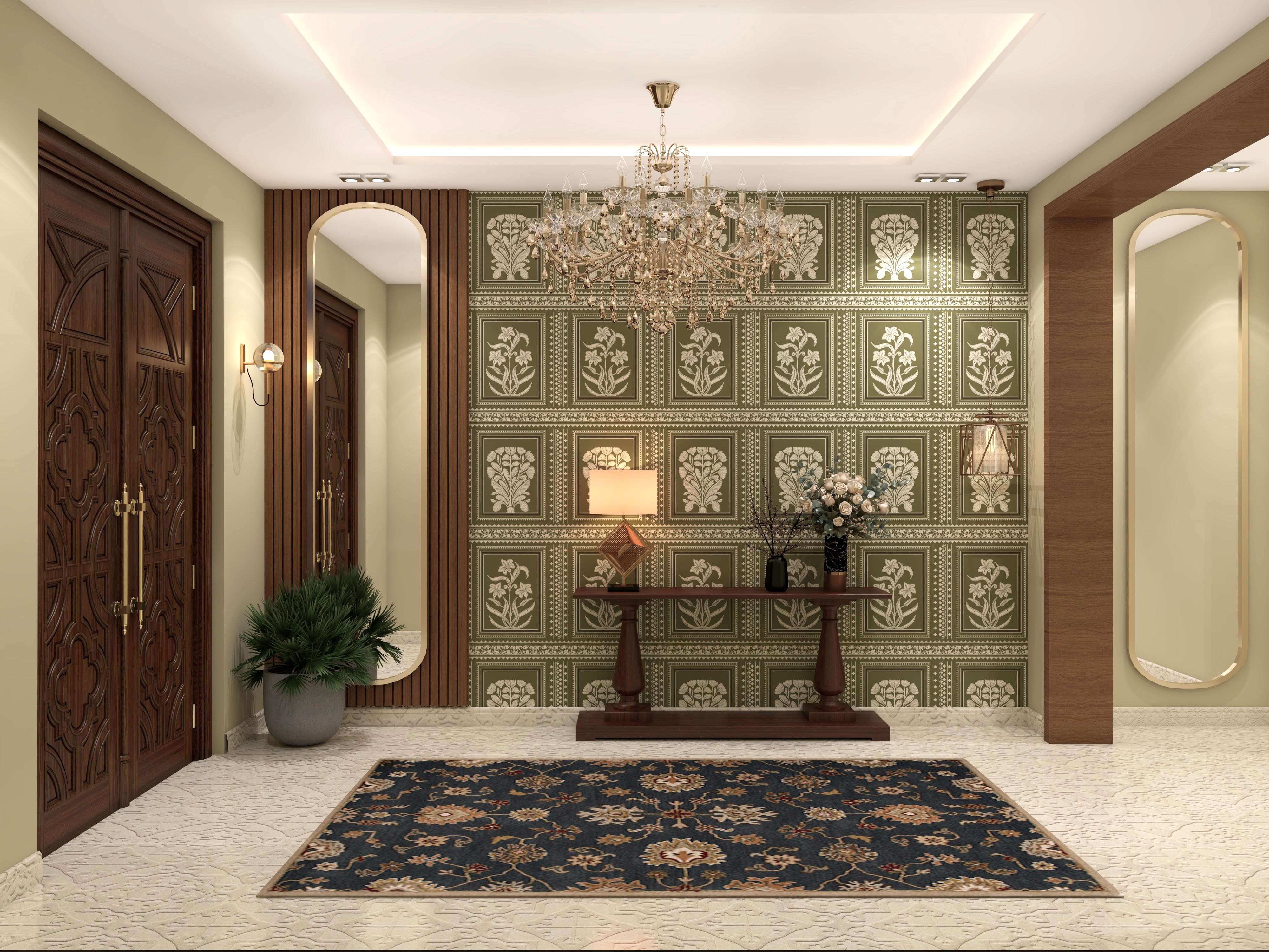 Modern Indian style foyer with green Nilaya wallpaper and full height capsule mirror - Beautiful Homes