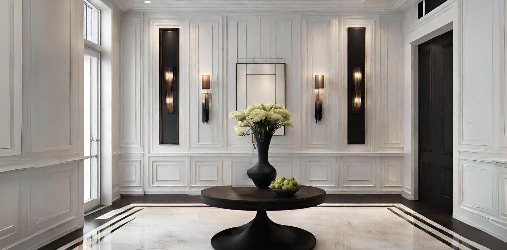 Modern white foyer with wall trims and wall sconces - Beautiful Homes