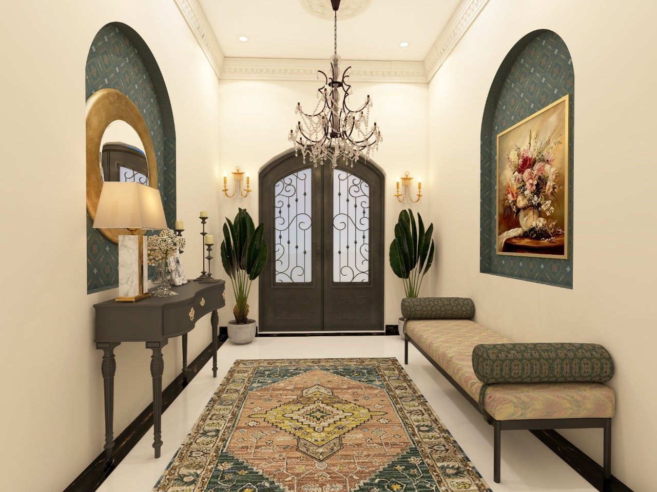 Opulent Foyer Area with White Teak Chandelier and Upholstered Bench - Beautiful Homes