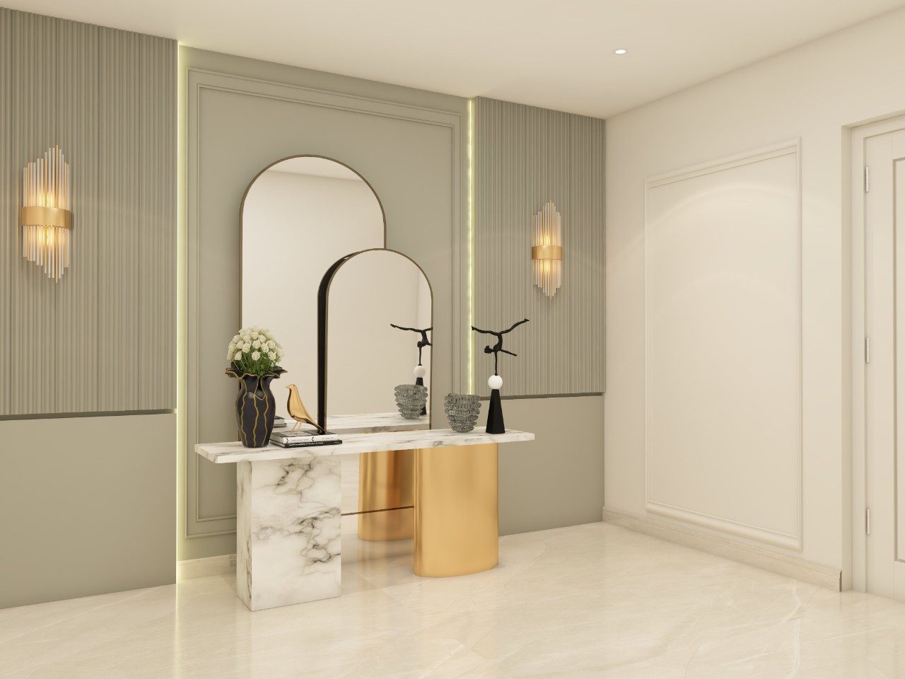 Opulent foyer with marble console and white teak lights - Beautiful Homes