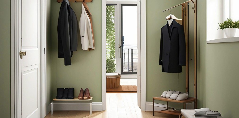 Simple foyer with open shoerack and coat rack with green walls-Beautiful Homes