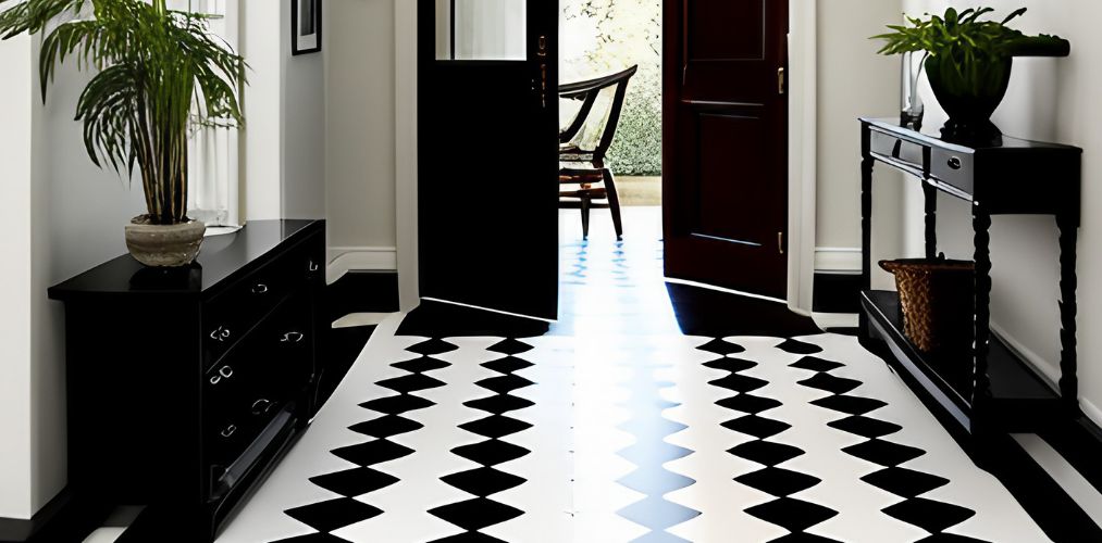 Black and white flooring with console table for small foyer-Beautiful Homes