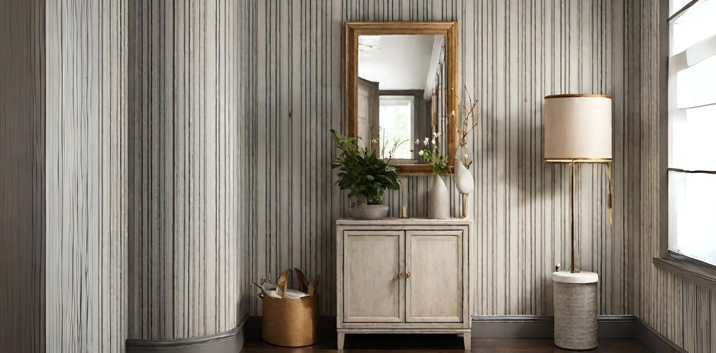 Small foyer design with striped wallpaper and floor lamp-Beautiful Homes