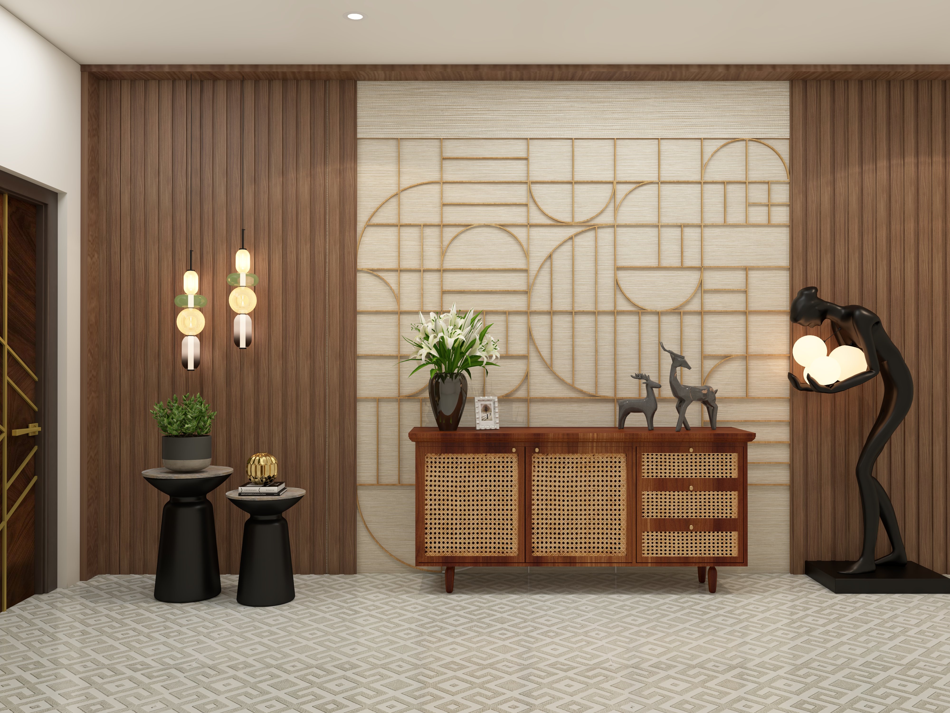 Traditional foyer design with Nilaya rattan furniture and wooden wall panels - Beautiful Homes