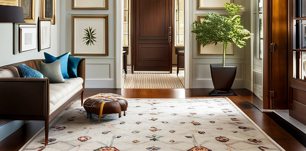 Traditional foyer with patterend rug and sofa-Beautiful Homes