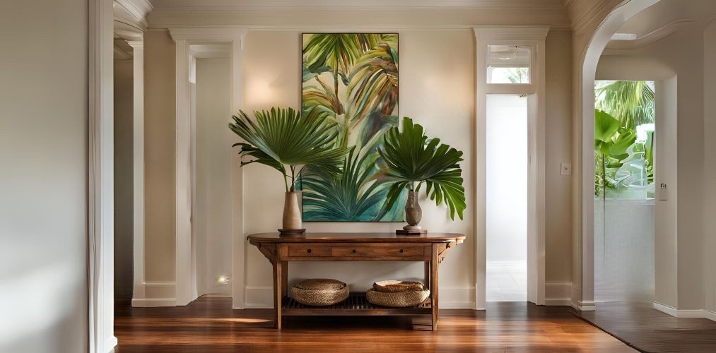 Tropical foyer design with wooden table - Beautiful Homes