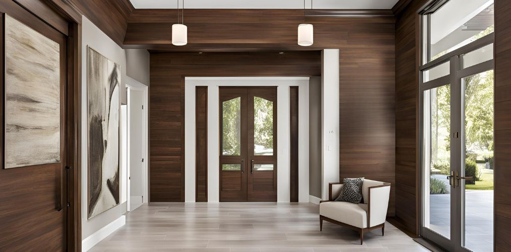 Walnut and white contemporary foyer area - Beautiful Homes