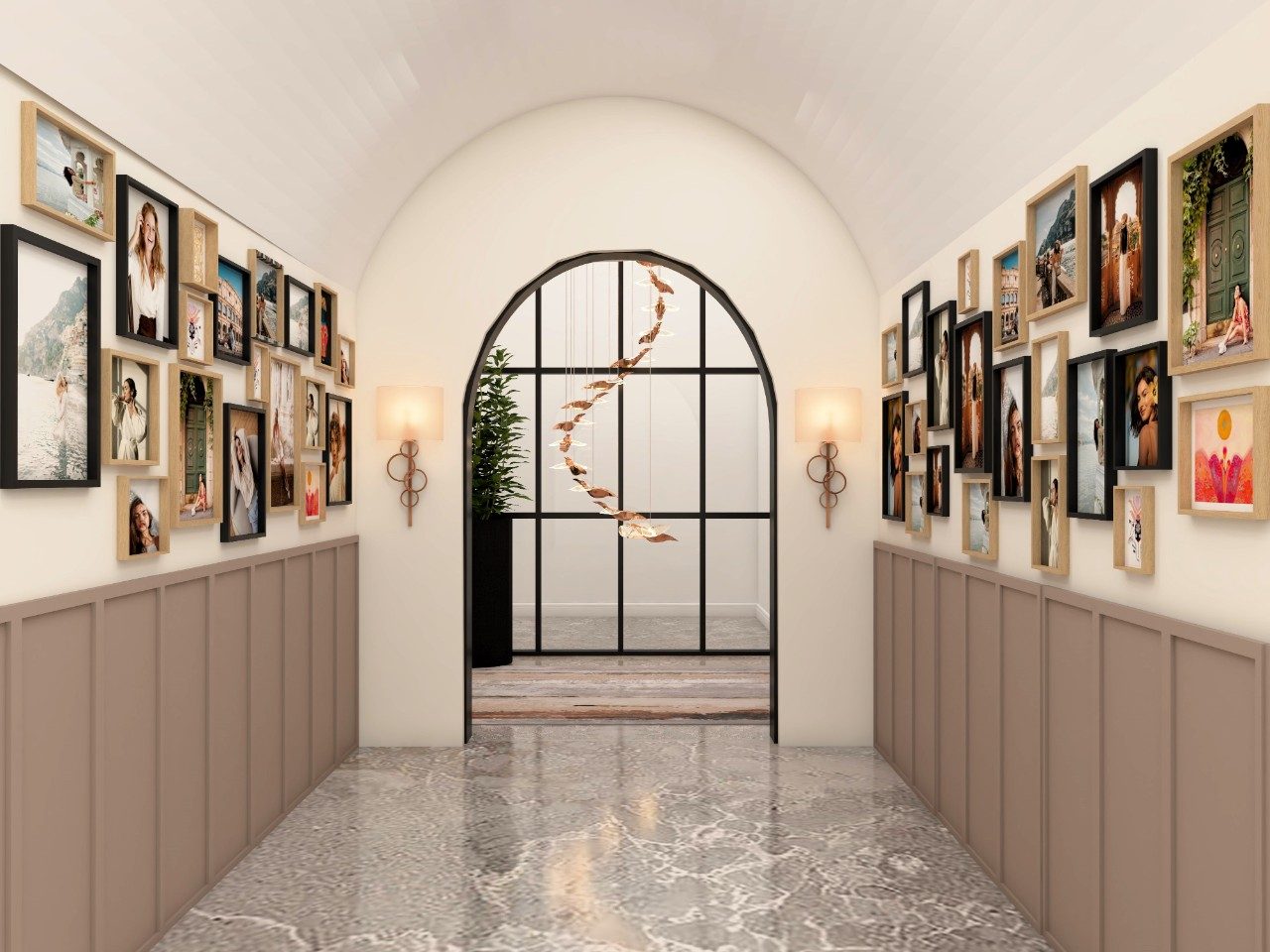 White and beige foyer area with gallery wall and arched glass door