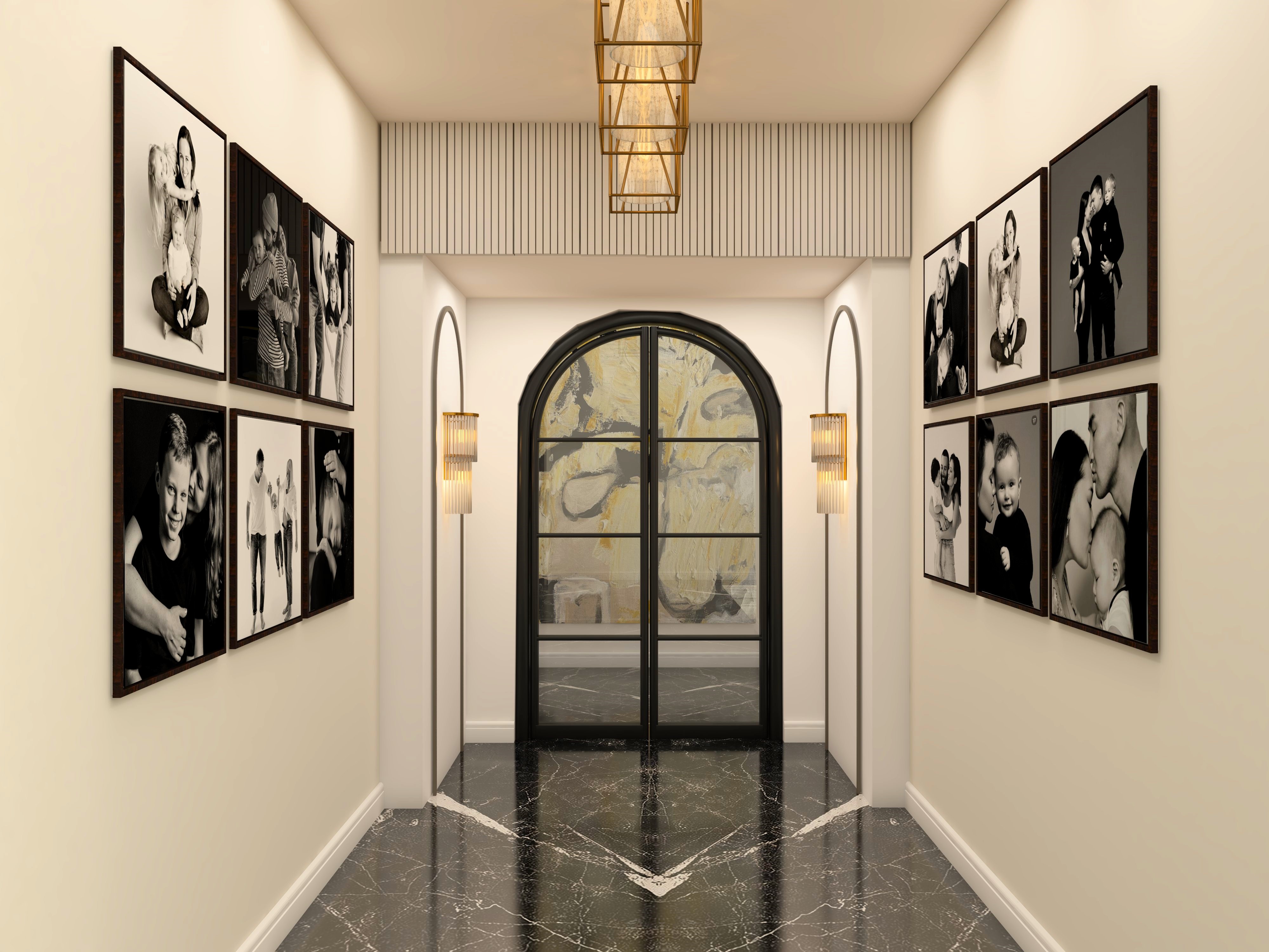 White foyer area with gallery wall and arched glass door-Beautiful Homes