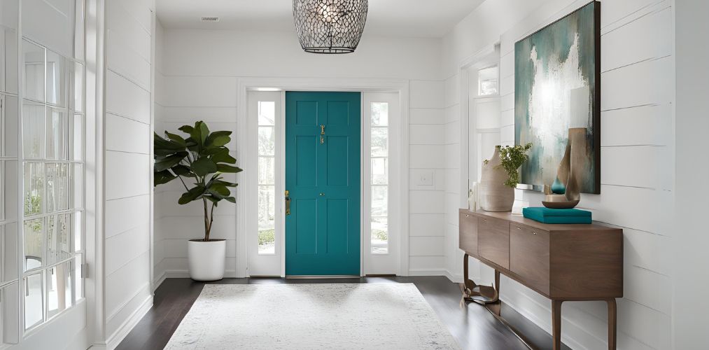 White foyer design with minimalist console and teal door - Beautiful Homes