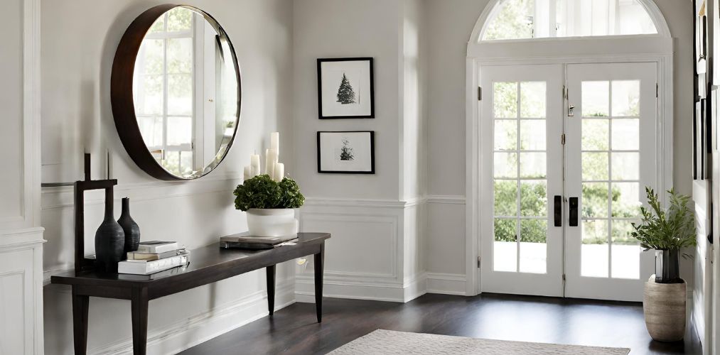 White foyer design with round mirror and console table-Beautiful Homes