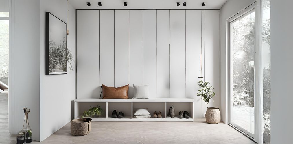 White scandinavian foyer design with storage - Beautiful Homes