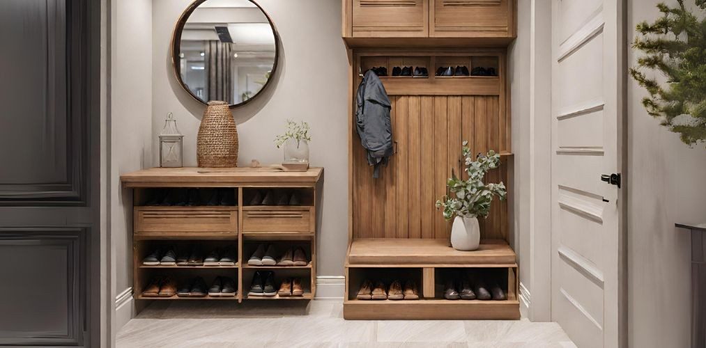 Wooden foyer with shoe cabinet and integrated seating - Beautiful Homes