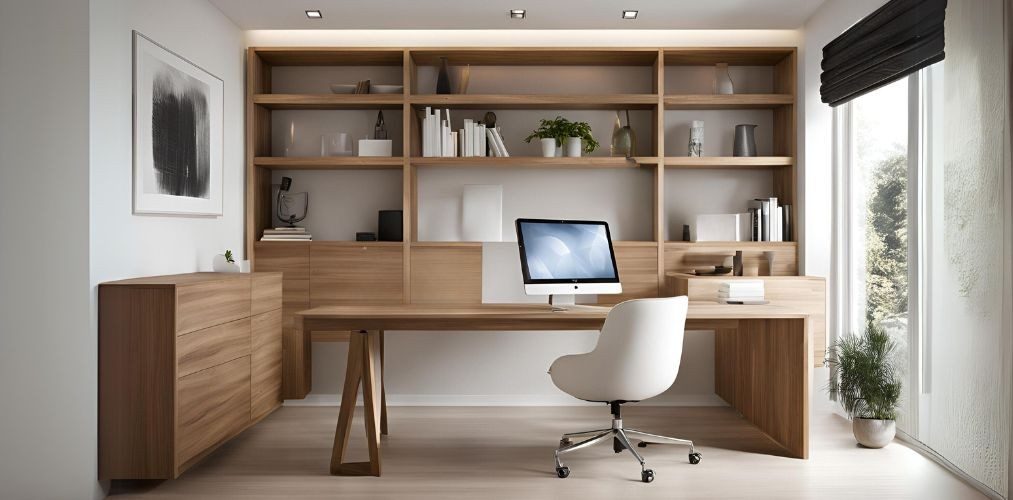 Acacia and white furnishing minimalist home office - Beautiful Homes