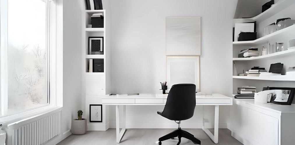 All white home office with black swivel chair - Beautiful Homes