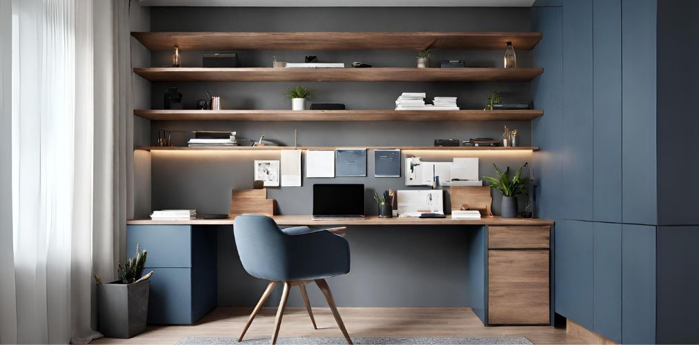 Blue and wood modern home office with shelves-Beautiful Homes