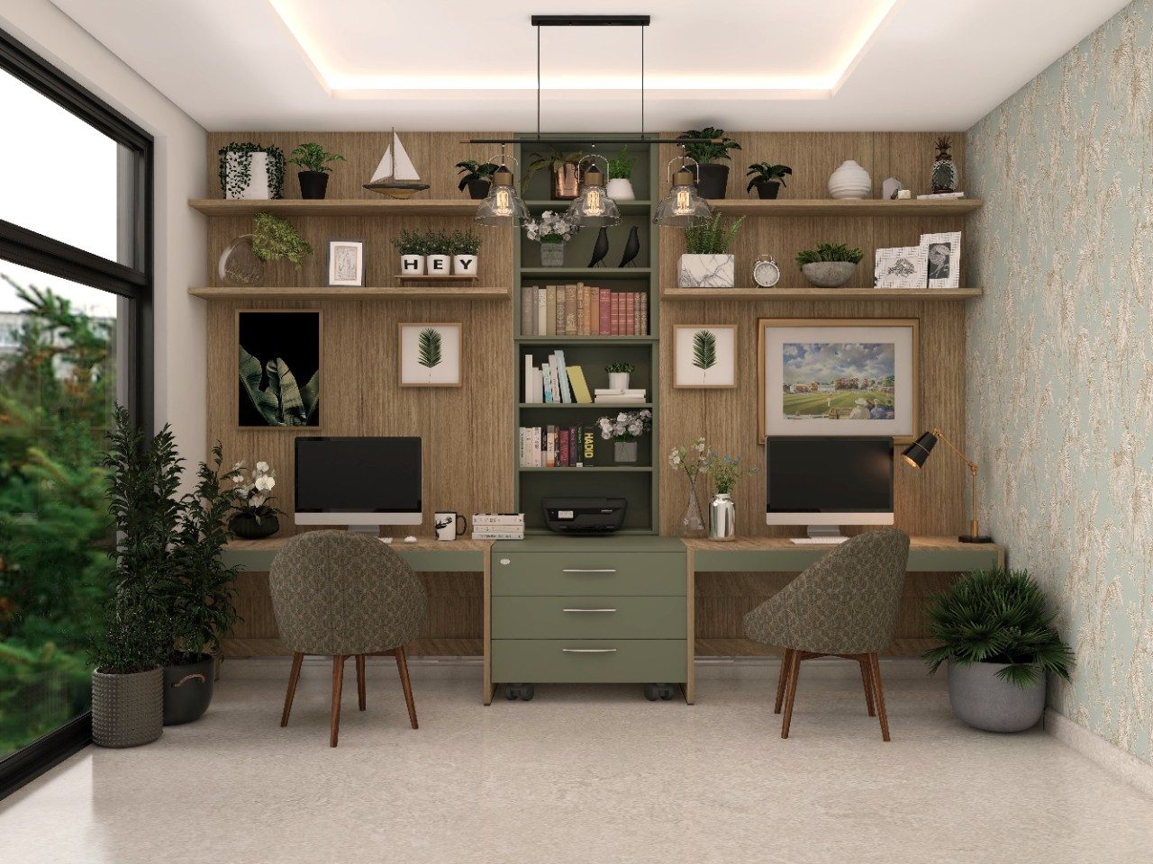 Bohemian home office design with wooden wall panels and green printed upholstered chairs - Beautiful Homes