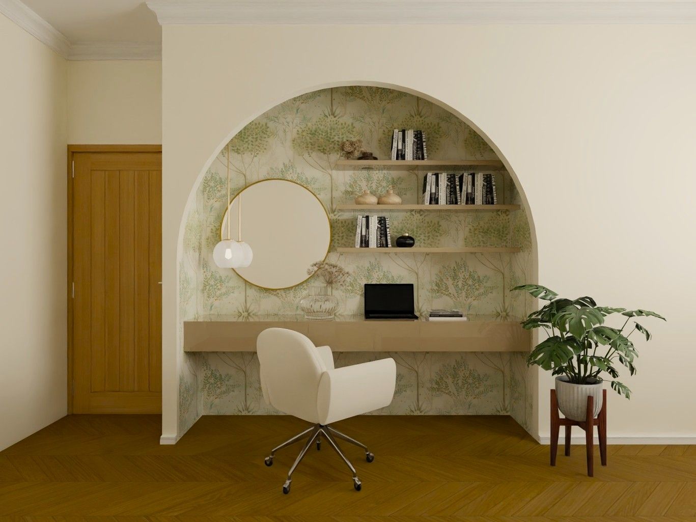 Home office with arched alcove, shelves, and nature wallpaper - Beautiful Homes