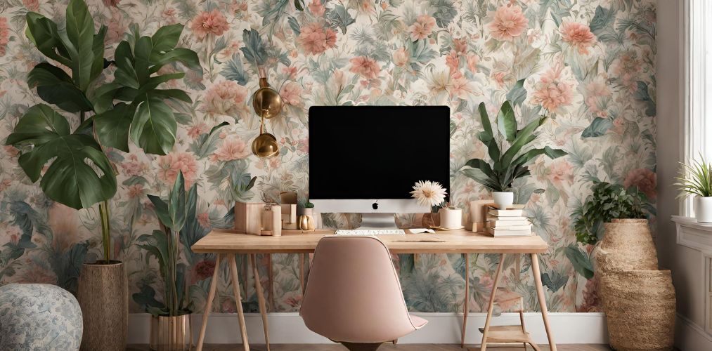 Boho theme office with peach wallpaper - Beautiful Homes