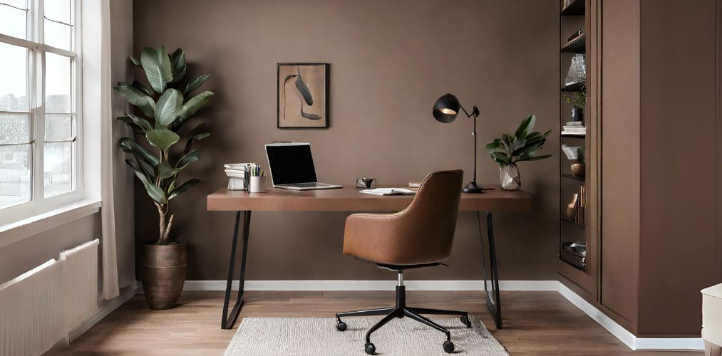 Brown minimalist office with plants - Beautiful Homes