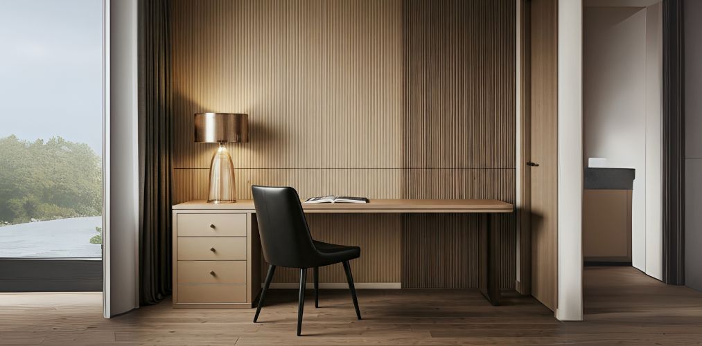 Minimalist study room with wooden furniture and lamp - Beautiful Homes