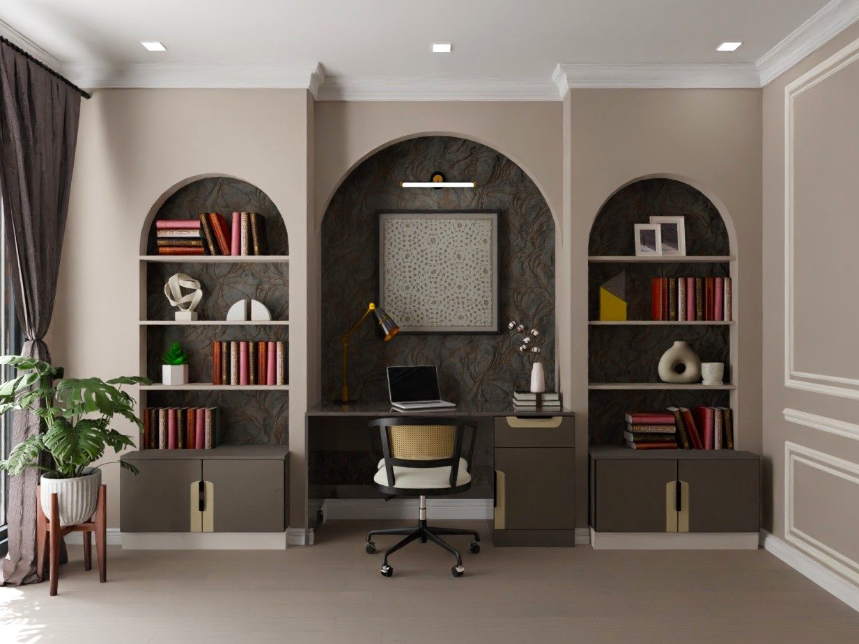 Home office with wooden table, shelves, and décor - Beautiful Homes