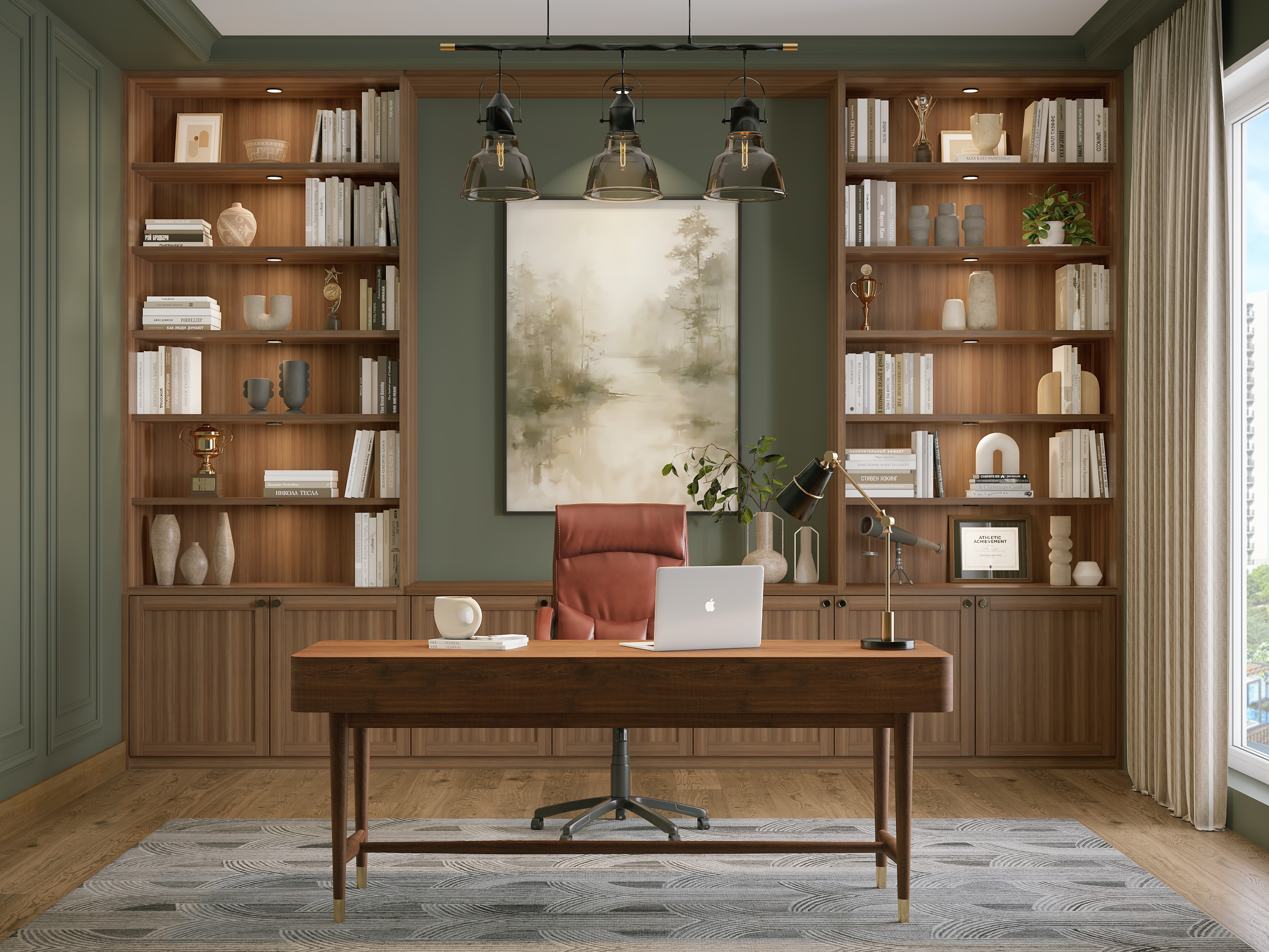 Modern home office with wooden desk and shelves - Beautiful Homes