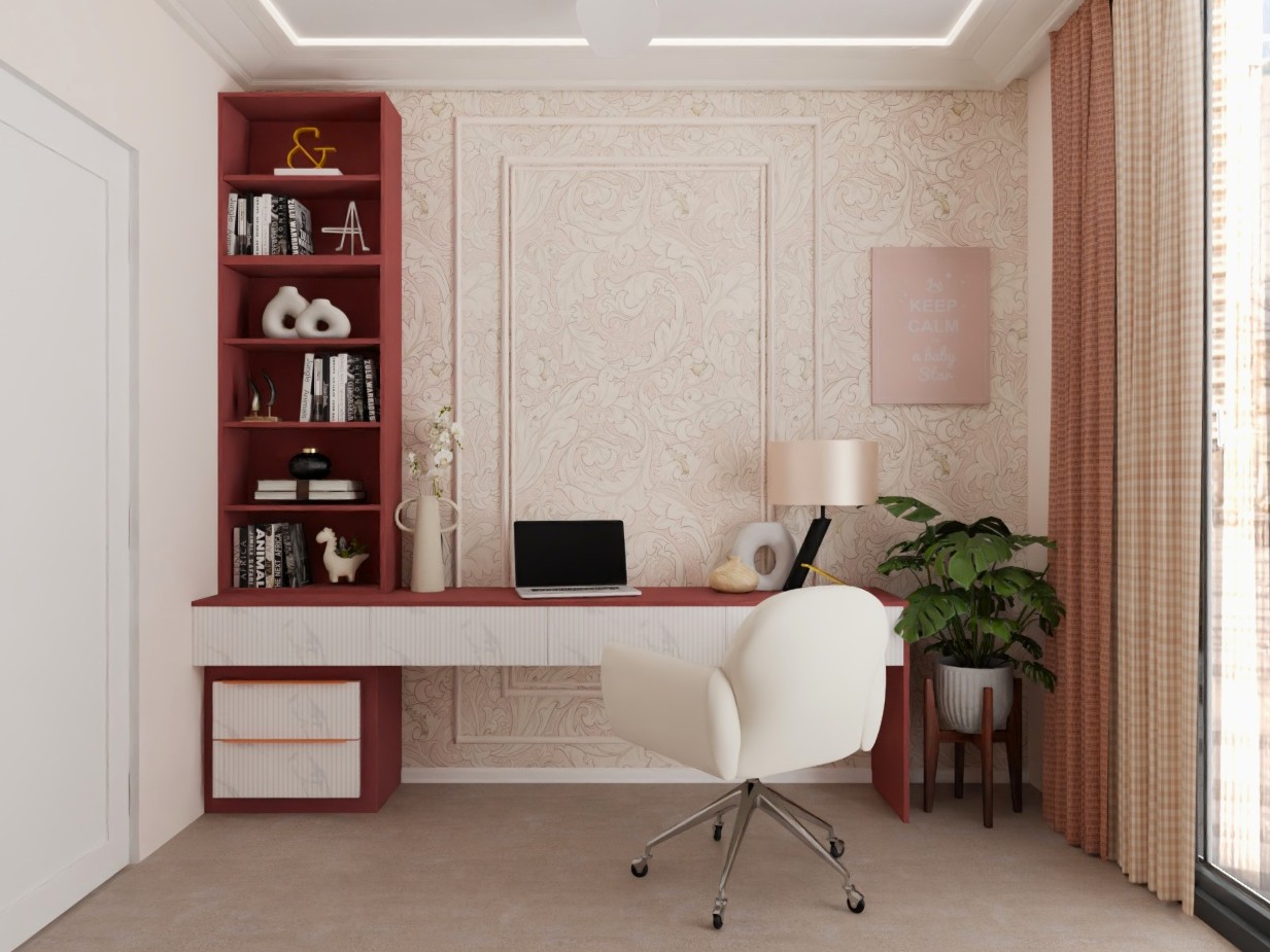 Minimalist home office with shelves and table - Beautiful Homes