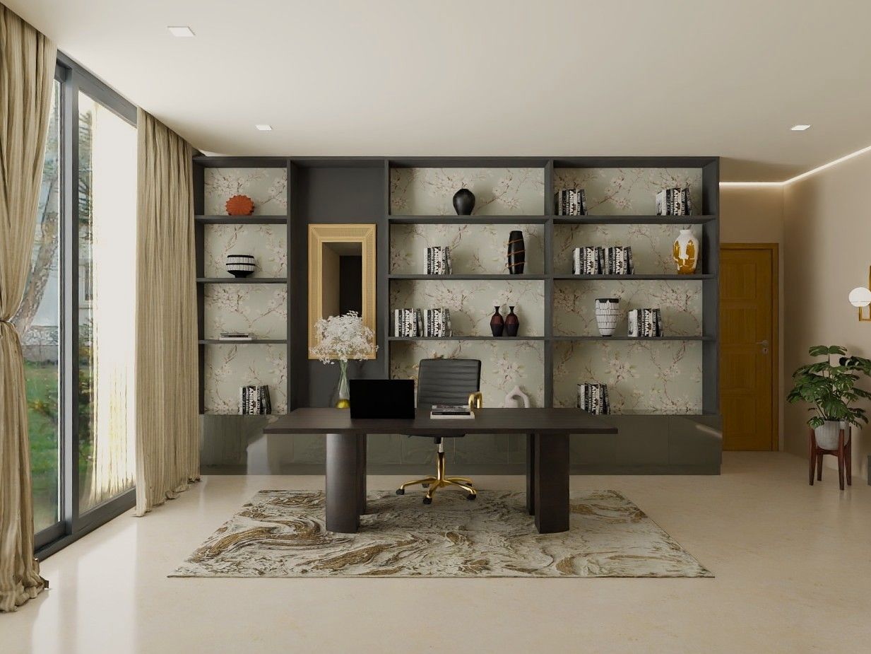 Stylish home office featuring a dark wooden desk, floral-backed shelves, and natural light - Beautiful Homes