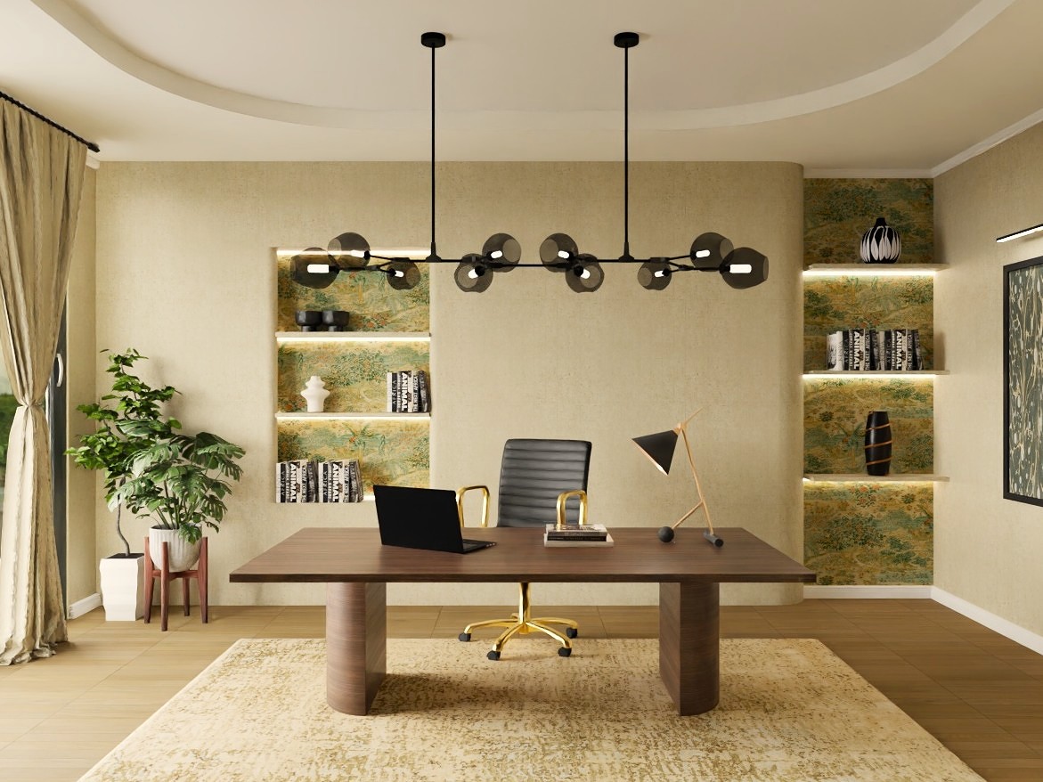 Modern home office with wooden desk and décor - Beautiful Homes