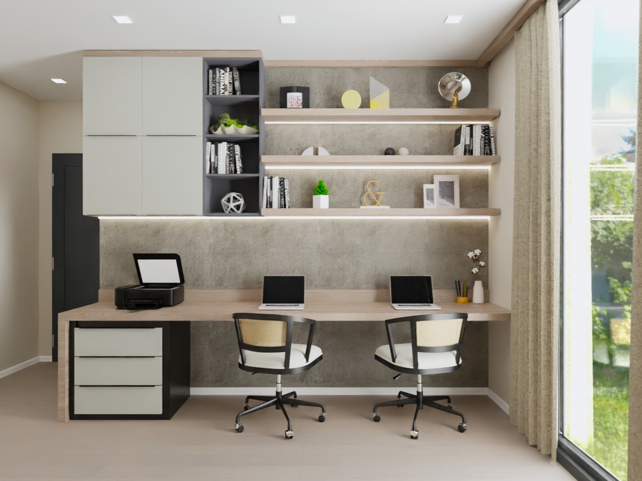 Home office with dual desks and wall shelves - Beautiful Homes