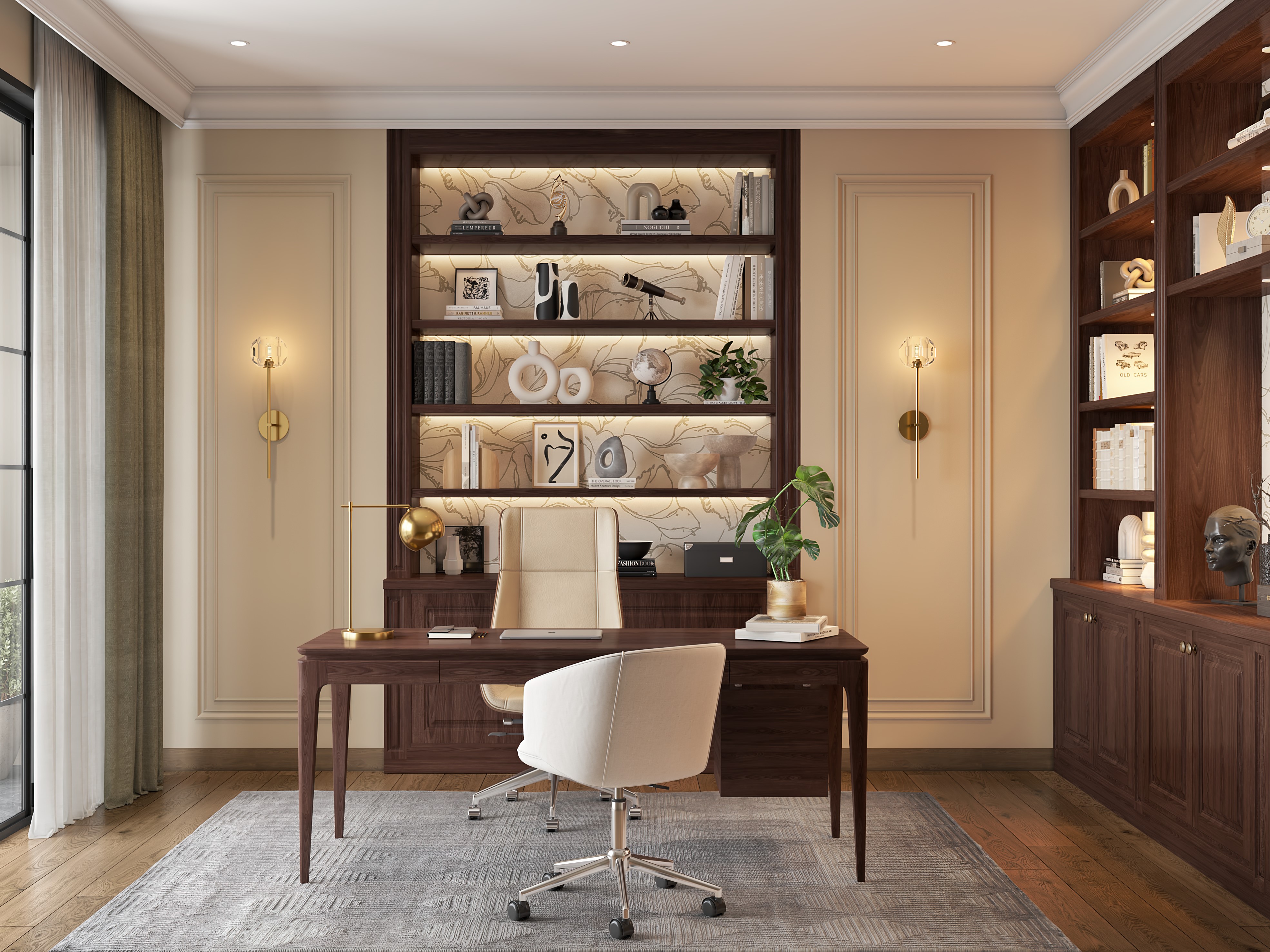 Stylish office with wooden desk and shelves - Beautiful Homes