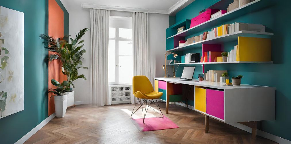 Colorful home office with armless chair - Beautiful Homes