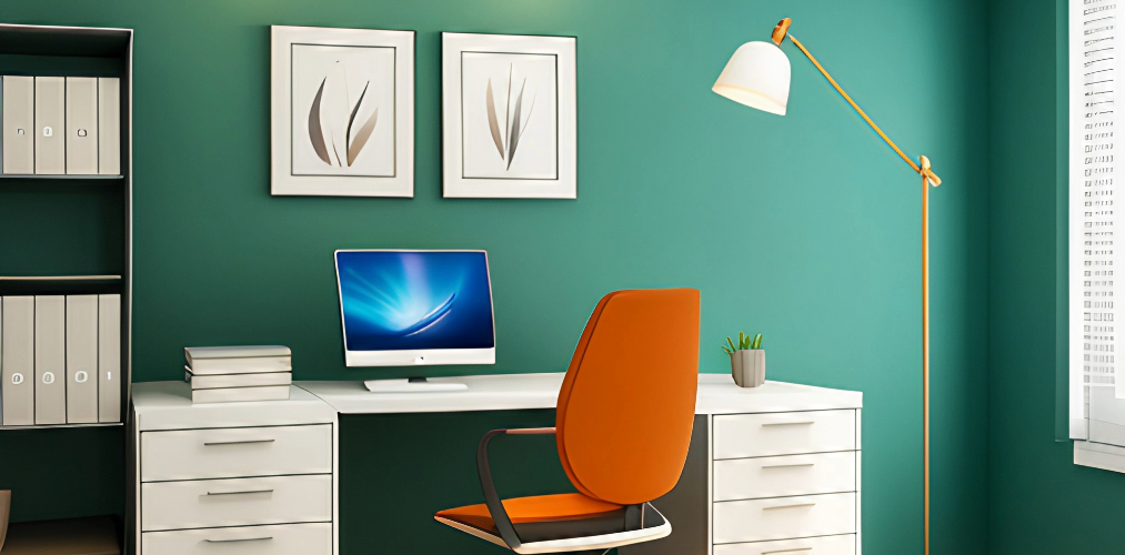 Green and white home office space-Beautiful Homes