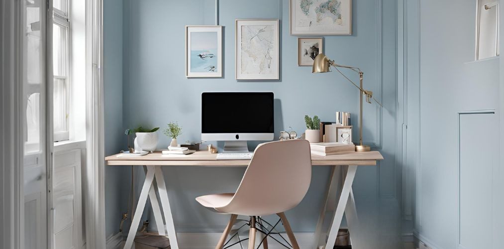 Compact home office with pastel blue accent wall - Beautiful Homes