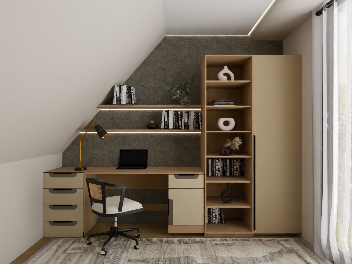 Modern home office with wooden furniture and shelves - Beautiful Homes