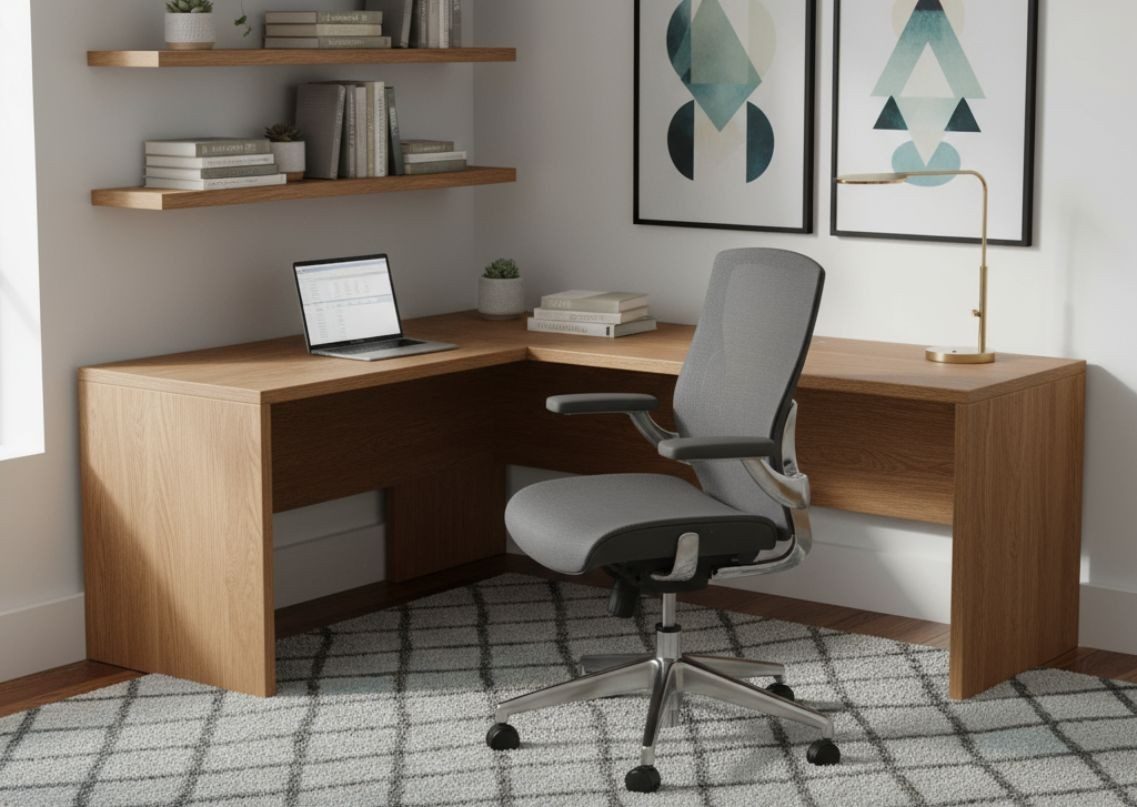 L-shaped wooden corner desk with grey upholstered chair - Beautiful Homes