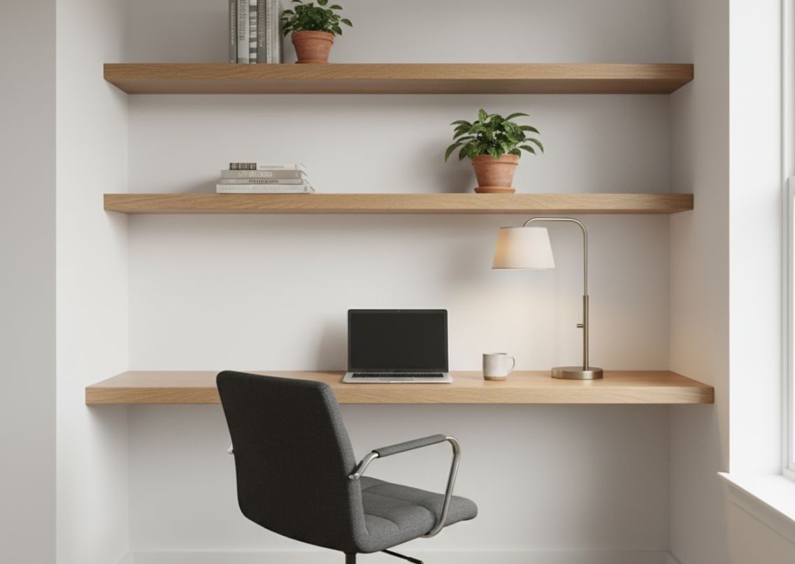 Minimal home office with wooden table and shelves - Beautiful Homes