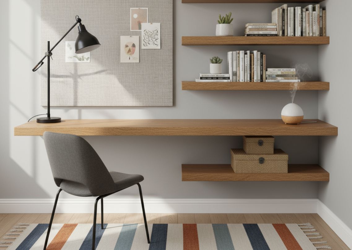 Minimal home office with wooden table and shelves - Beautiful Homes