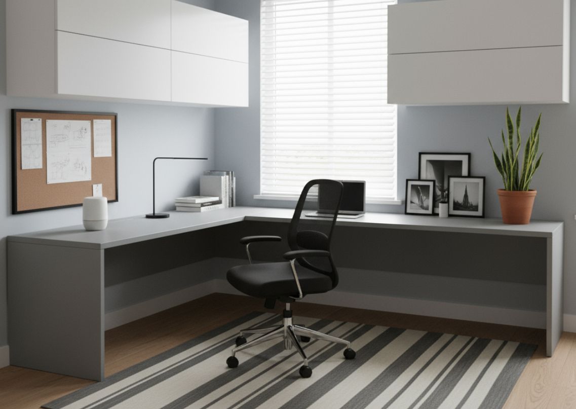 Modern home office with grey desk and décor elements - Beautiful Homes