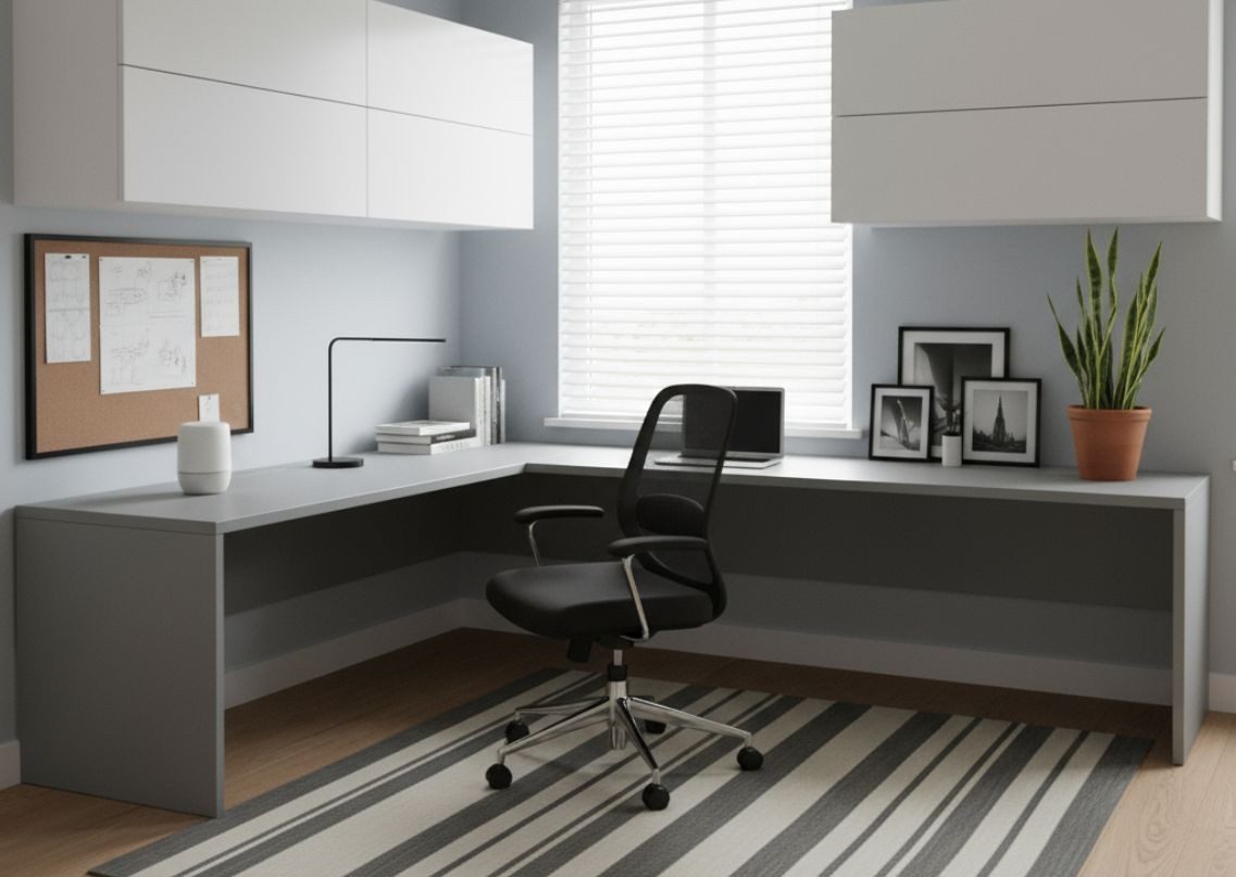 Modern home office with grey desk and décor elements - Beautiful Homes